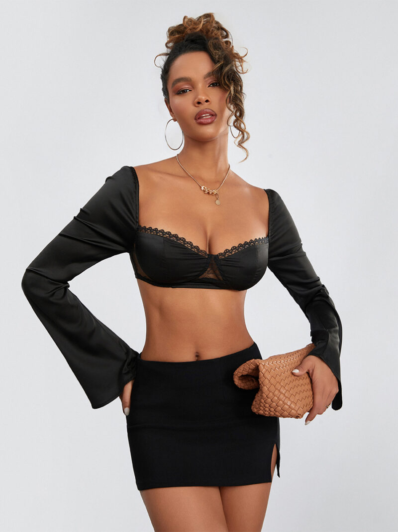 Women’s Long Sleeve Mesh Crop Top with Lace Trim & Tie-Up Back - Image 4