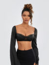 Women’s Long Sleeve Mesh Crop Top with Lace Trim & Tie-Up Back