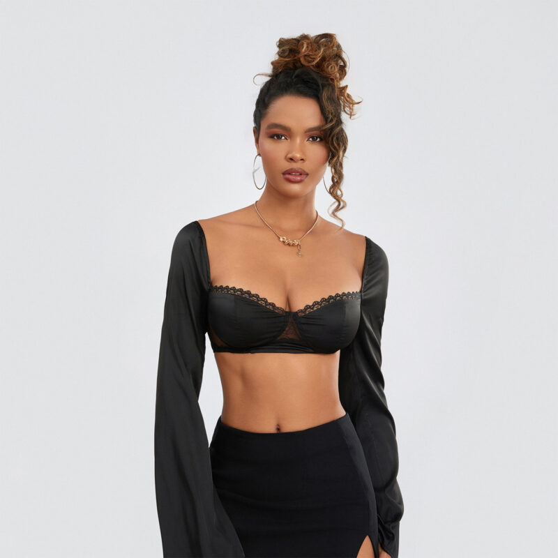 Women’s Long Sleeve Mesh Crop Top with Lace Trim & Tie-Up Back