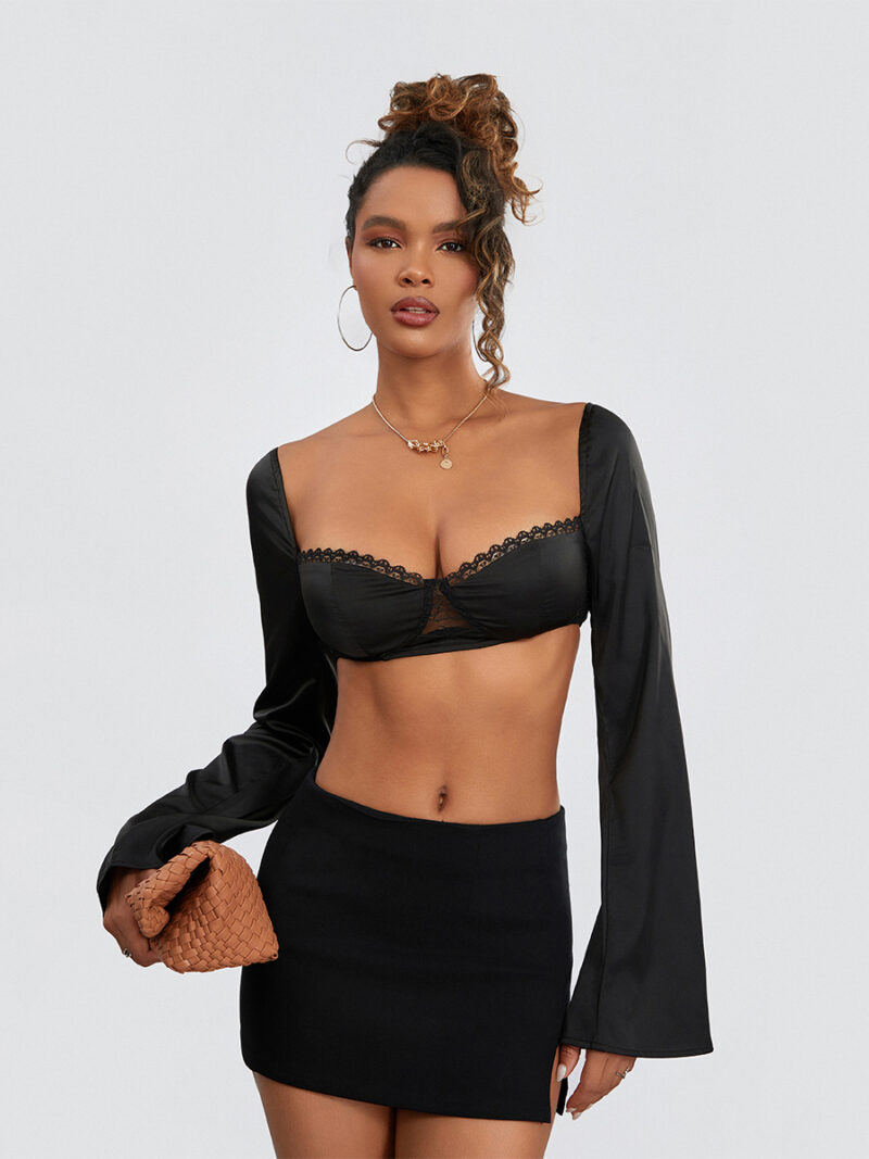 Women’s Long Sleeve Mesh Crop Top with Lace Trim & Tie-Up Back - Image 5