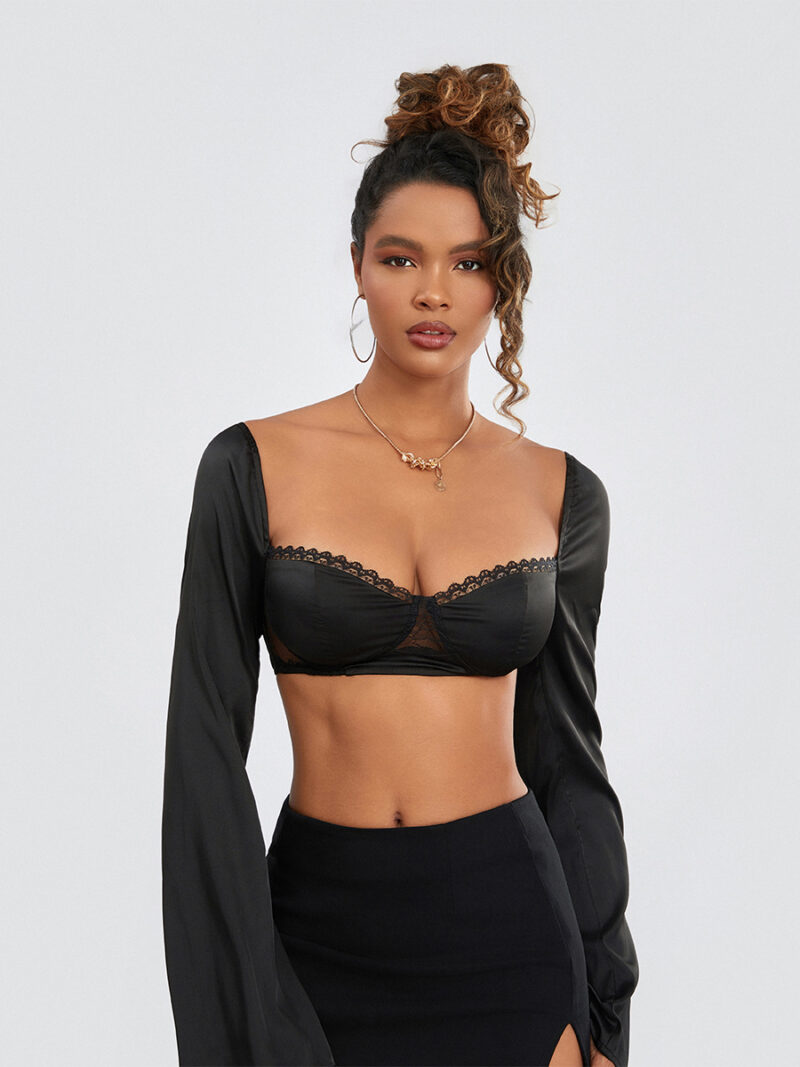 Women’s Long Sleeve Mesh Crop Top with Lace Trim & Tie-Up Back - Image 2