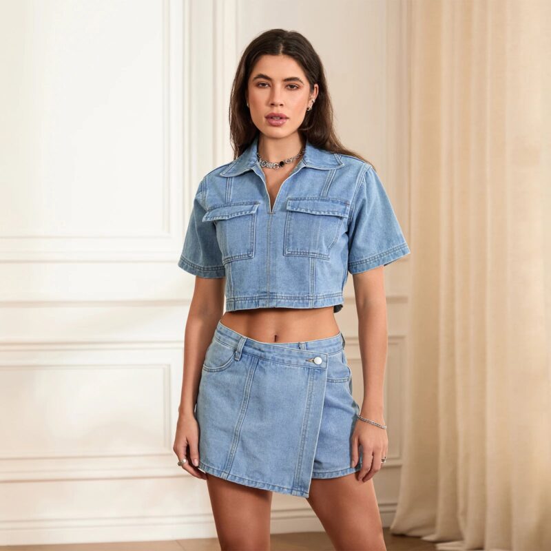 Women's 2 Piece Denim Short Sleeve Top & Asymmetrical Shorts Set - Image 2
