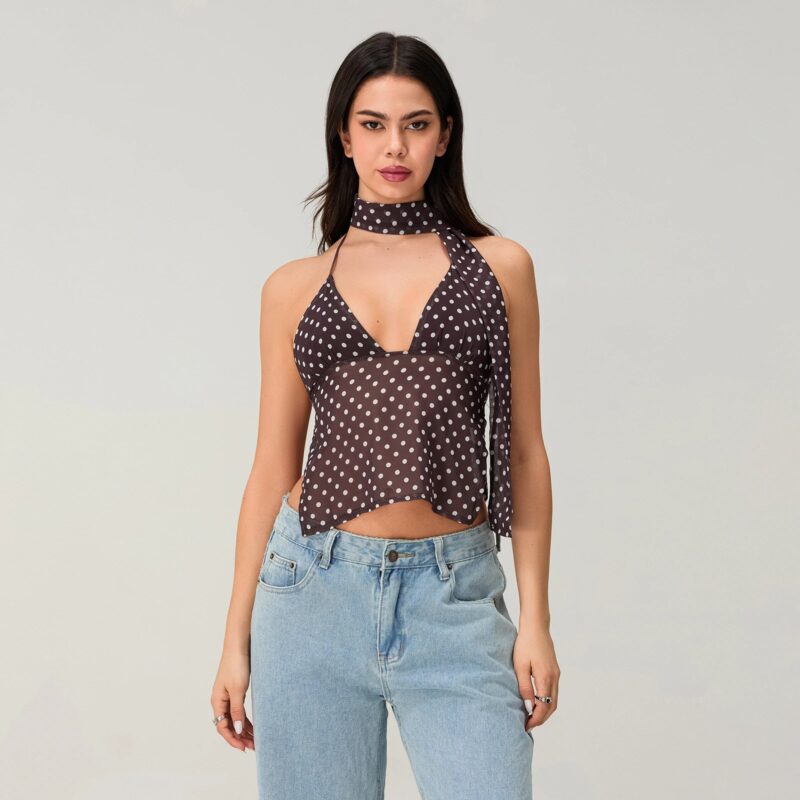 Summer Halter Neck Polka Dot Crop Top - Image 2