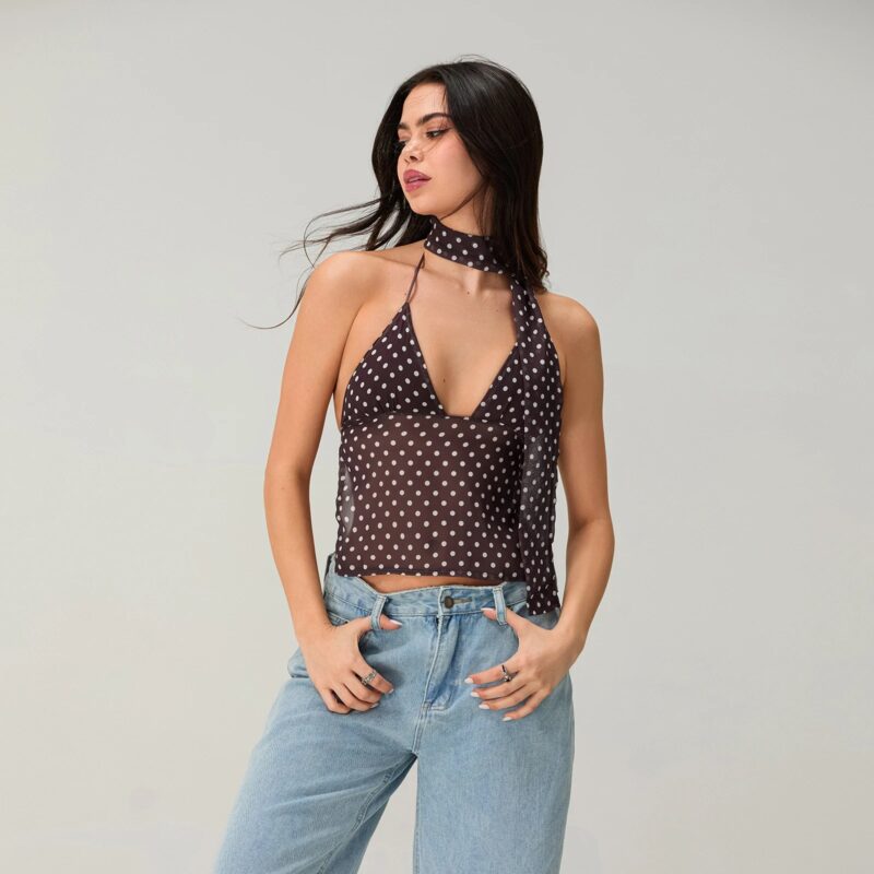 Summer Halter Neck Polka Dot Crop Top - Image 4