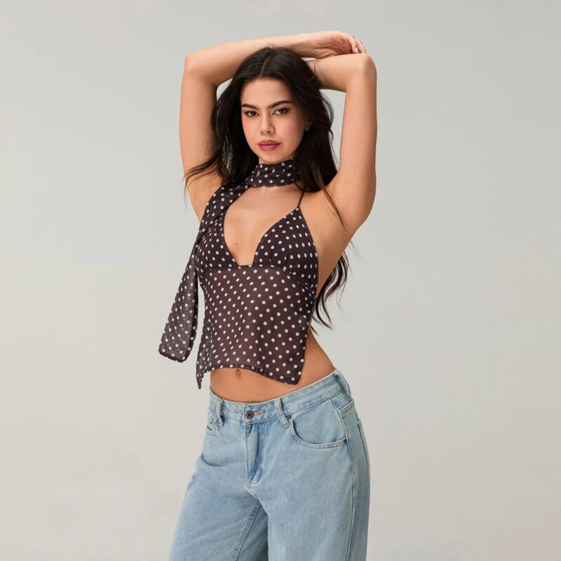 Summer Halter Neck Polka Dot Crop Top - Image 3