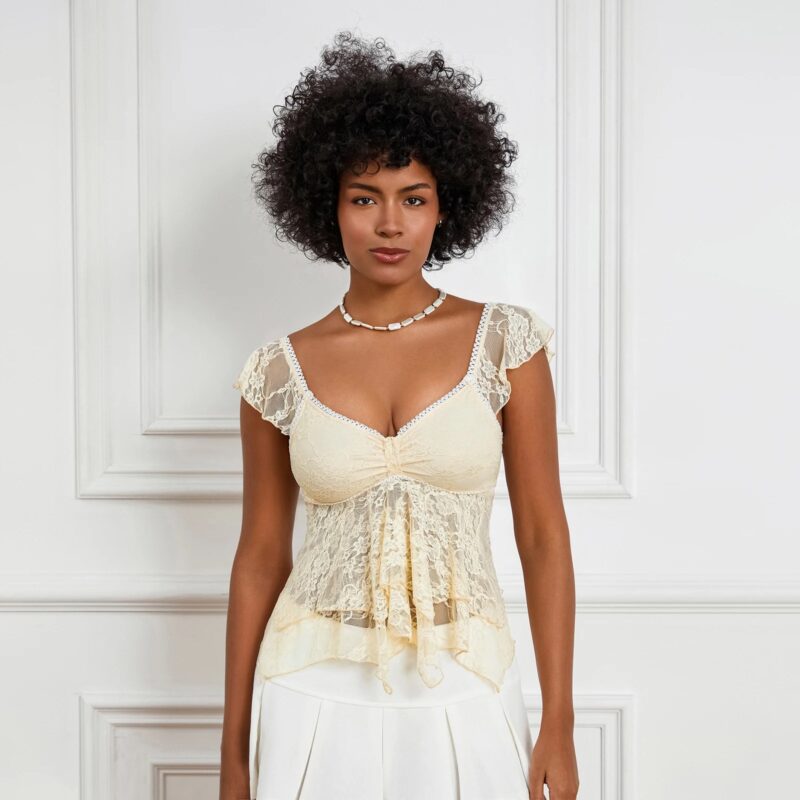 Women’s Summer V Neck Lace Crop Top with Ruffle Sleeves - Image 2