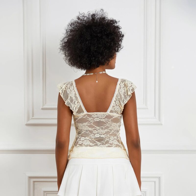 Women’s Summer V Neck Lace Crop Top with Ruffle Sleeves - Image 4