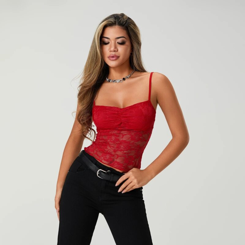 Slim Fit Ruched Lace Cami Crop Top - Image 3