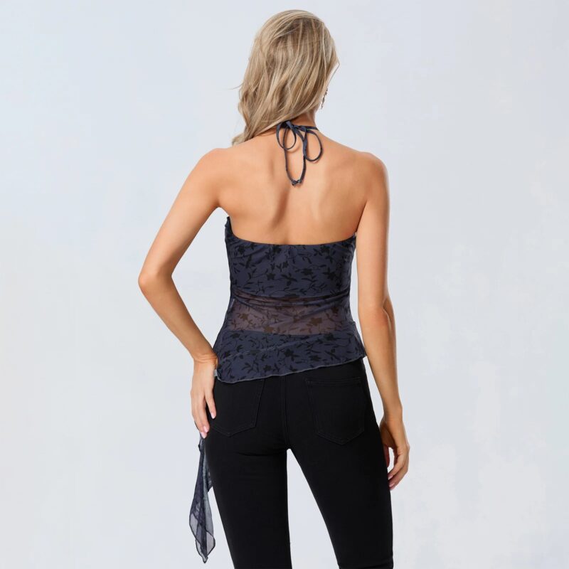 Sexy Floral Sheer Halter Crop Top - Image 3