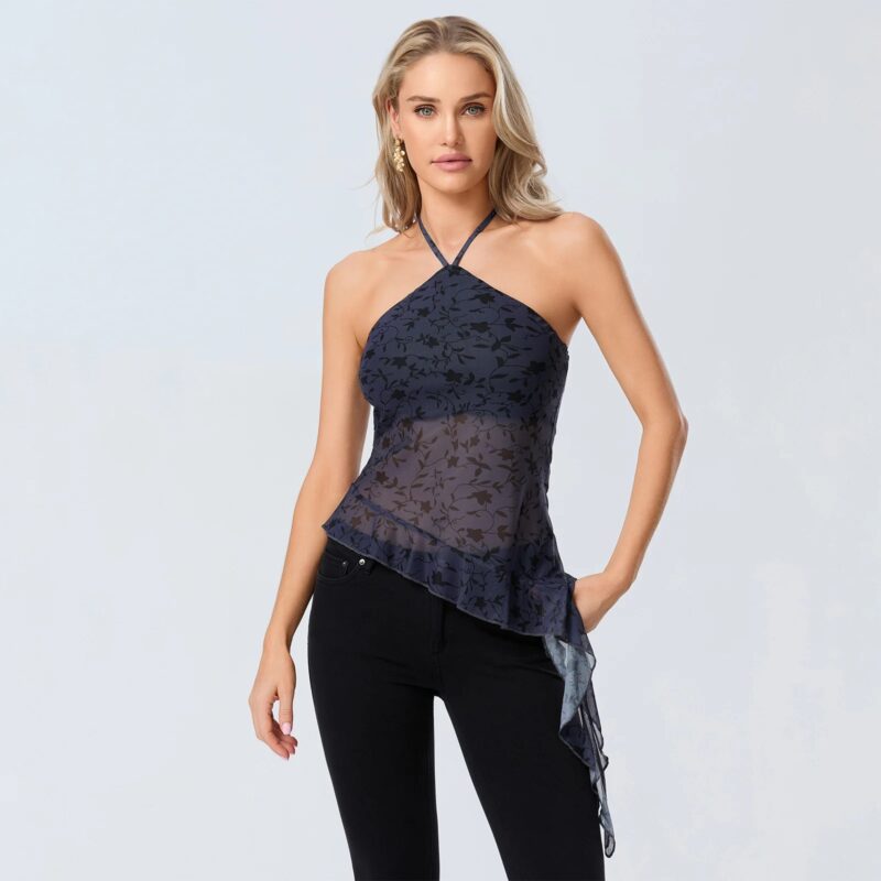 Sexy Floral Sheer Halter Crop Top - Image 2