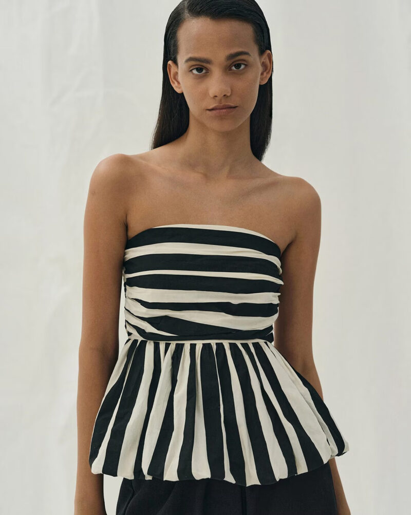 Striped Strapless Ruffled Crop Top - Image 2