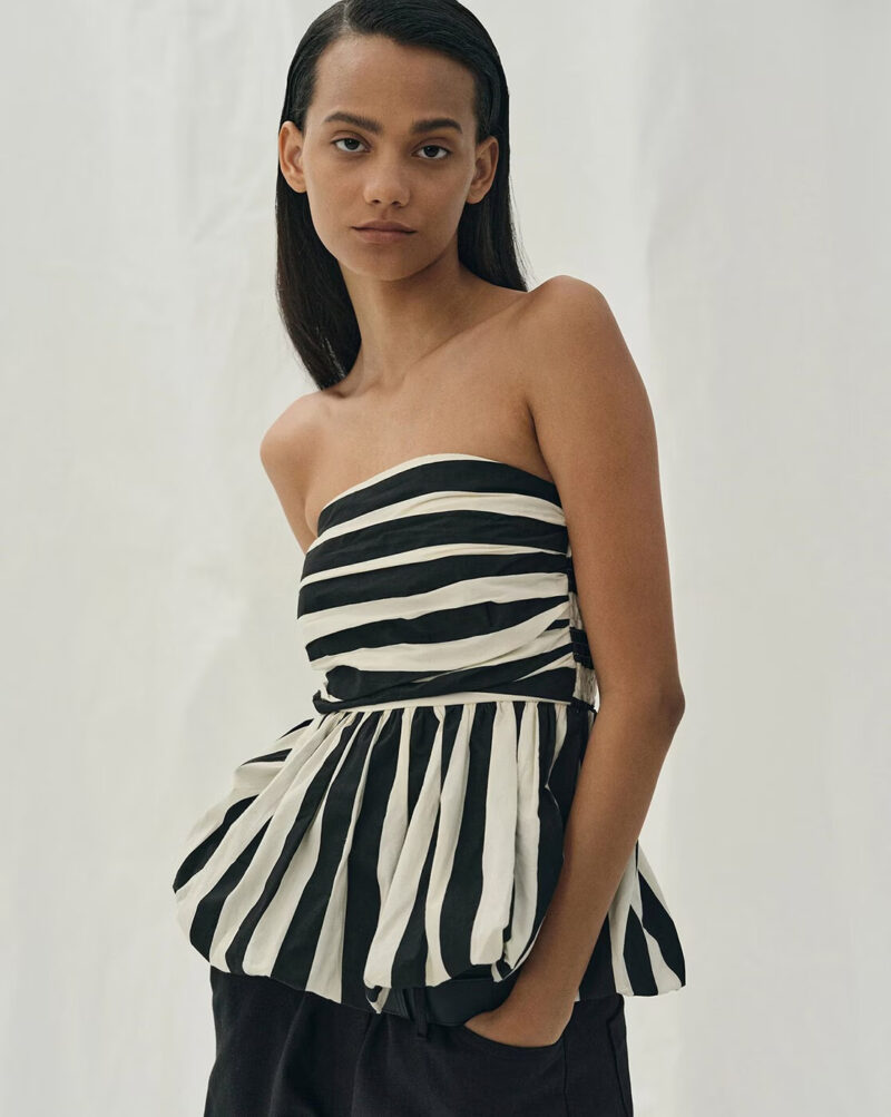 Striped Strapless Ruffled Crop Top - Image 3