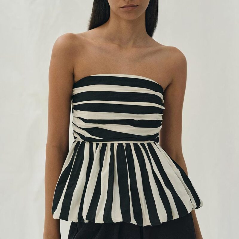 Striped Strapless Ruffled Crop Top