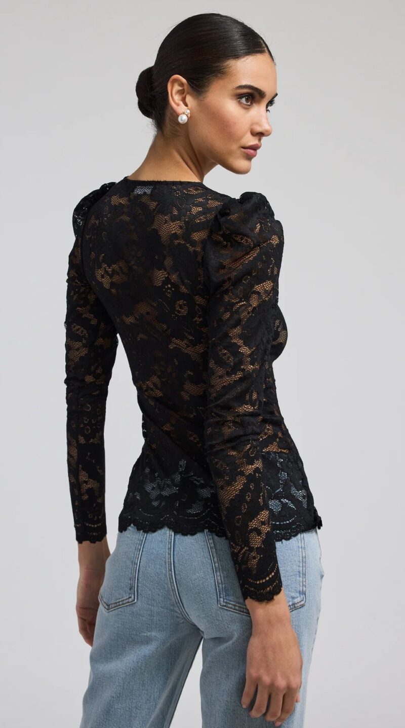 Elegant Lace Mesh V-Neck Blouse with Puff Sleeves - Image 4