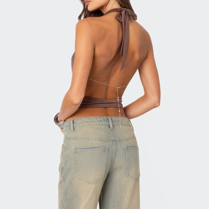 Women's Cropped Halter Neck Cami Top with Deep V and Open Back - Image 3