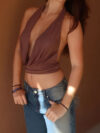 Women's Cropped Halter Neck Cami Top with Deep V and Open Back