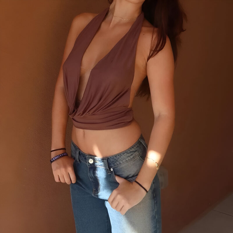 Women's Cropped Halter Neck Cami Top with Deep V and Open Back