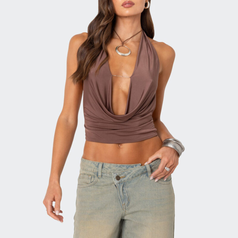 Women's Cropped Halter Neck Cami Top with Deep V and Open Back - Image 2