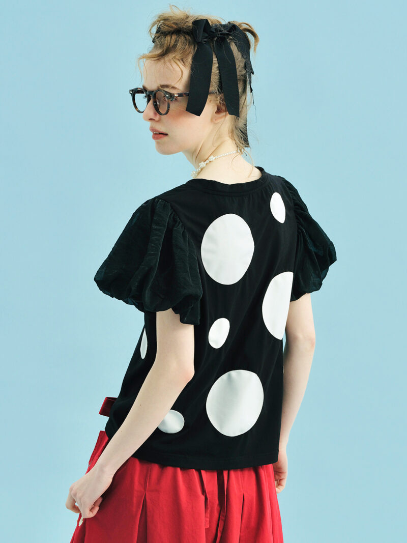 Summer Polka Dot Mesh Lantern Sleeve Casual Tee for Women - Image 3