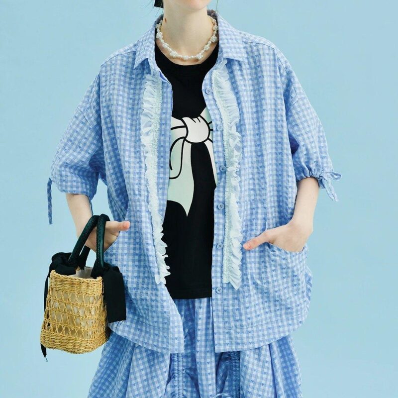 Summer Checkered Lace Short Sleeve Shirt