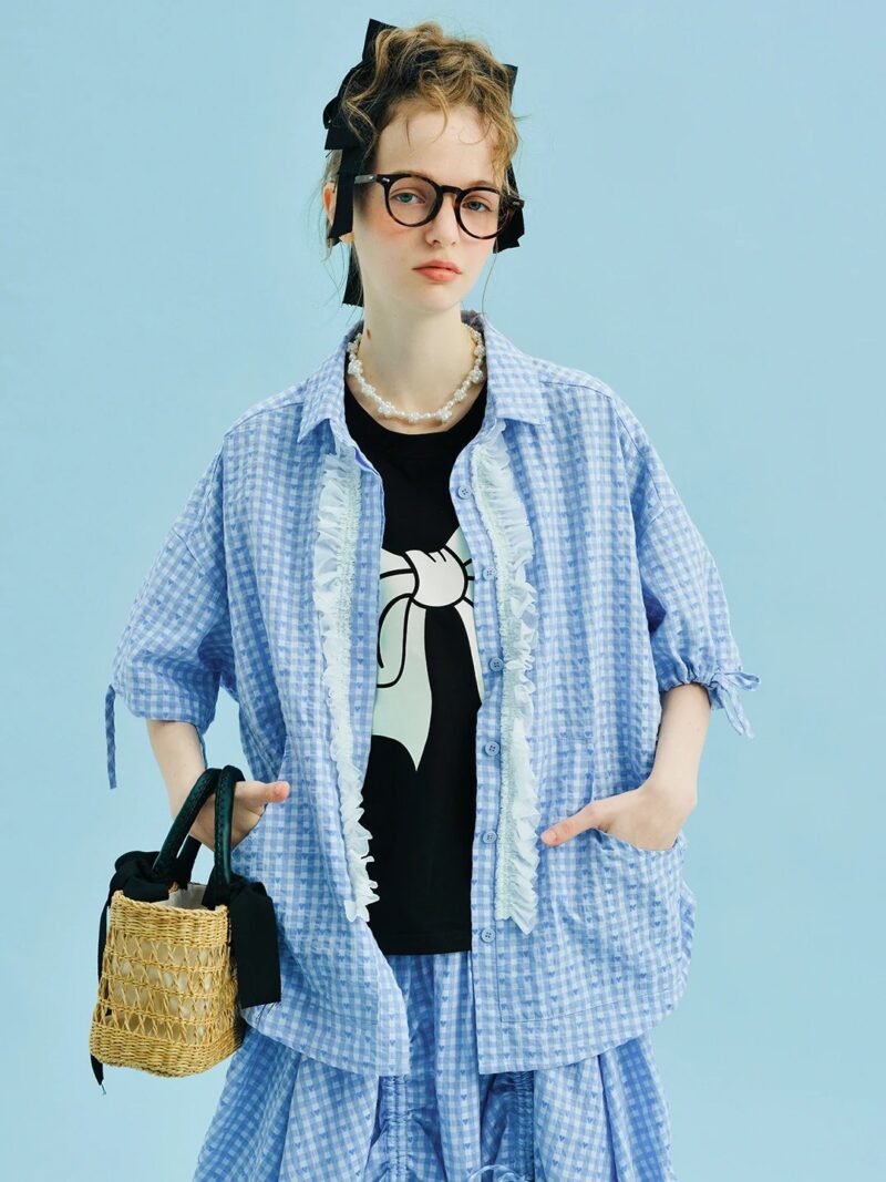 Summer Checkered Lace Short Sleeve Shirt - Image 2