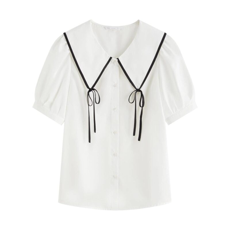 Sweet Peter Pan Collar Bow Blouse – Summer Short Sleeve Pullover Top