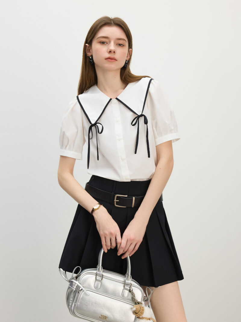 Sweet Peter Pan Collar Bow Blouse – Summer Short Sleeve Pullover Top - Image 3