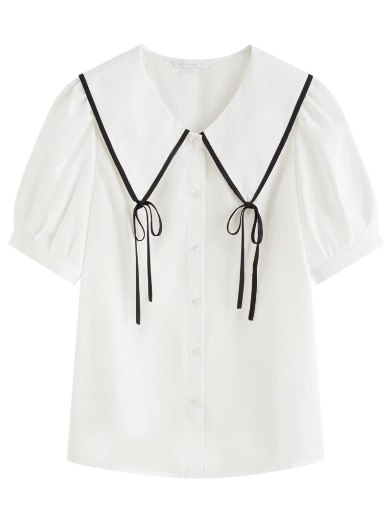 Sweet Peter Pan Collar Bow Blouse – Summer Short Sleeve Pullover Top - Image 6