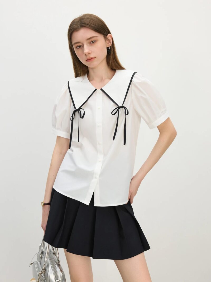 Sweet Peter Pan Collar Bow Blouse – Summer Short Sleeve Pullover Top - Image 4