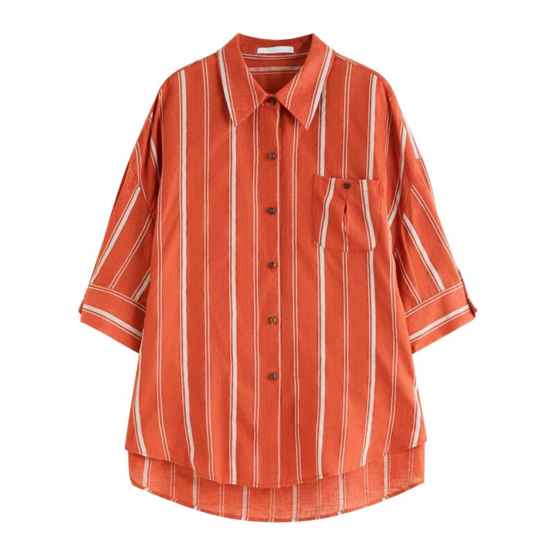 Red Striped Linen Blend Loose Shirt for Women – Summer Old Money Style