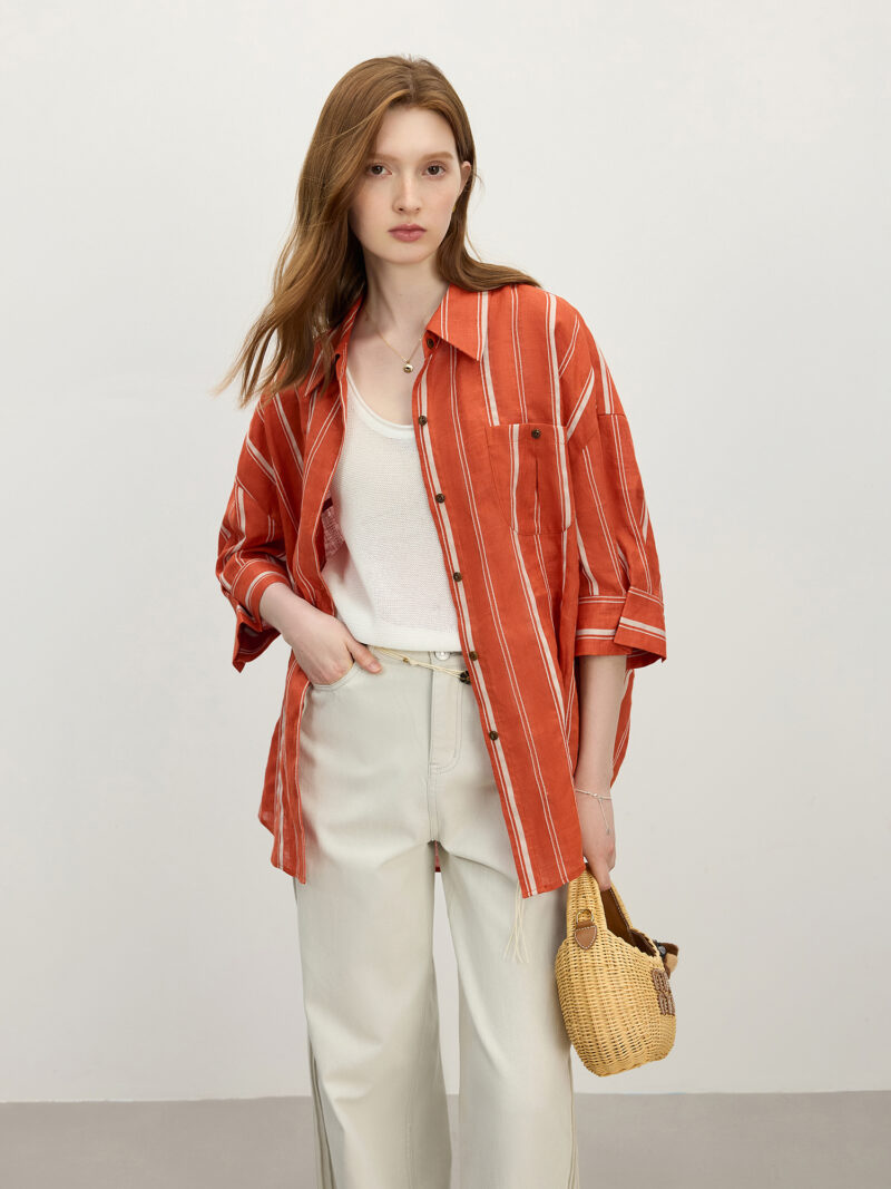 Red Striped Linen Blend Loose Shirt for Women – Summer Old Money Style - Image 3