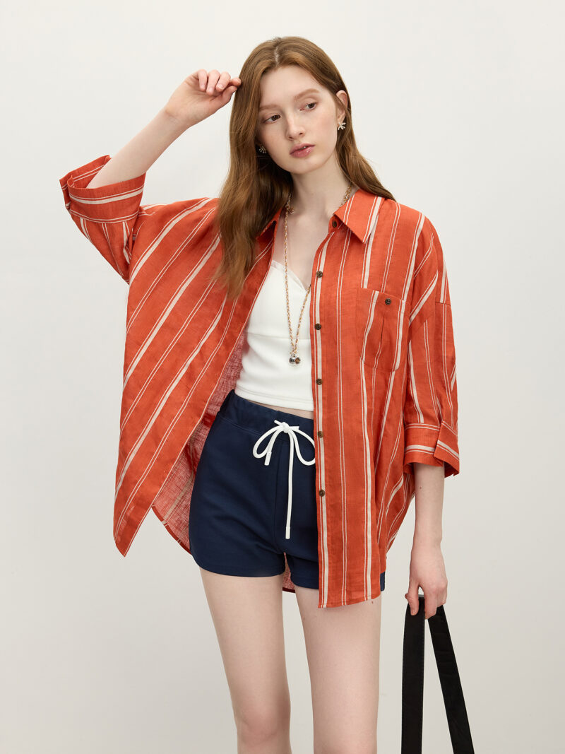 Red Striped Linen Blend Loose Shirt for Women – Summer Old Money Style - Image 4