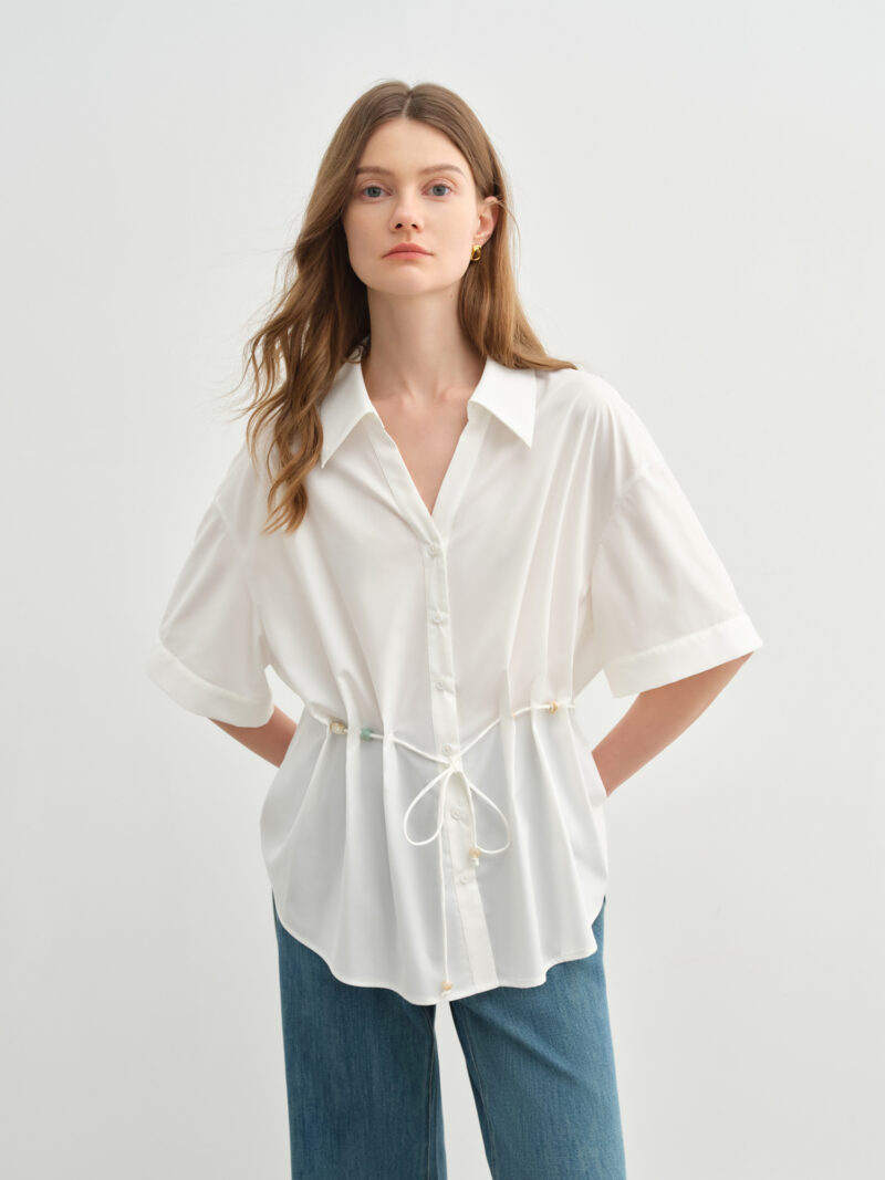 Beaded Lace-Up Pleated V-Neck Shirt - Image 3