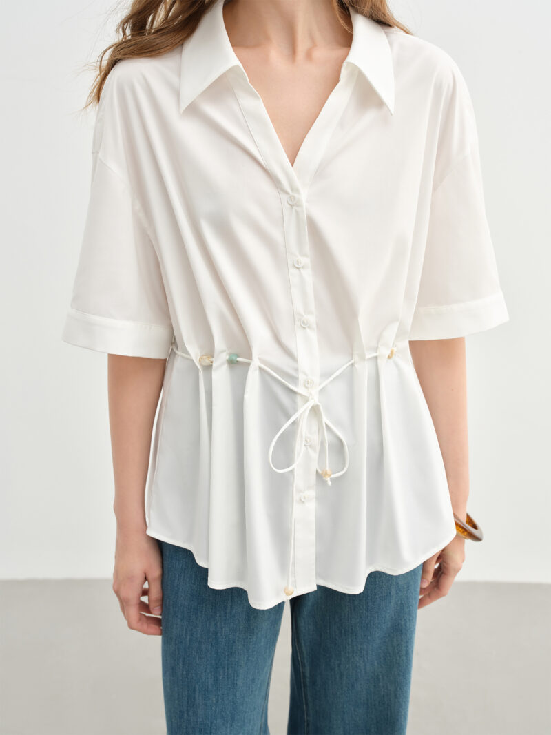 Beaded Lace-Up Pleated V-Neck Shirt - Image 5