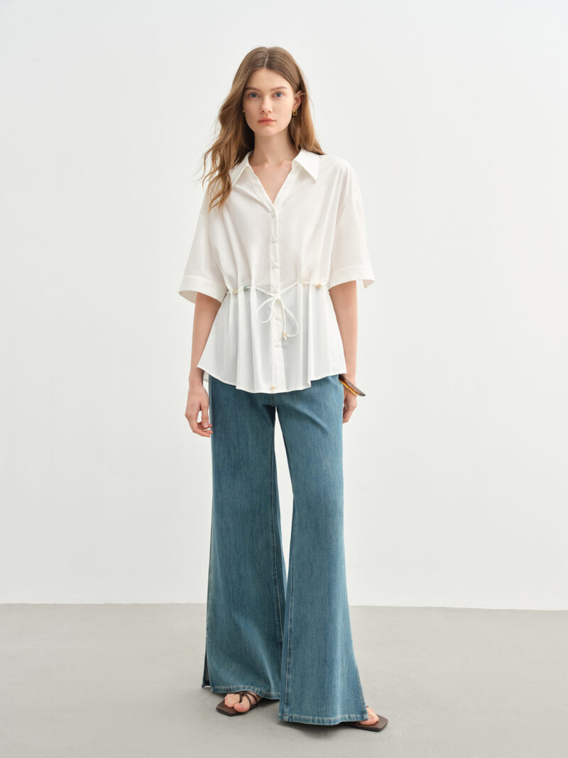 Beaded Lace-Up Pleated V-Neck Shirt - Image 4