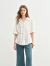 Beaded Lace-Up Pleated V-Neck Shirt
