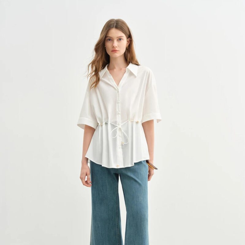 Beaded Lace-Up Pleated V-Neck Shirt
