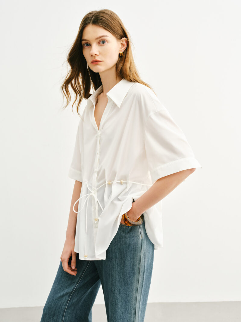 Beaded Lace-Up Pleated V-Neck Shirt - Image 2