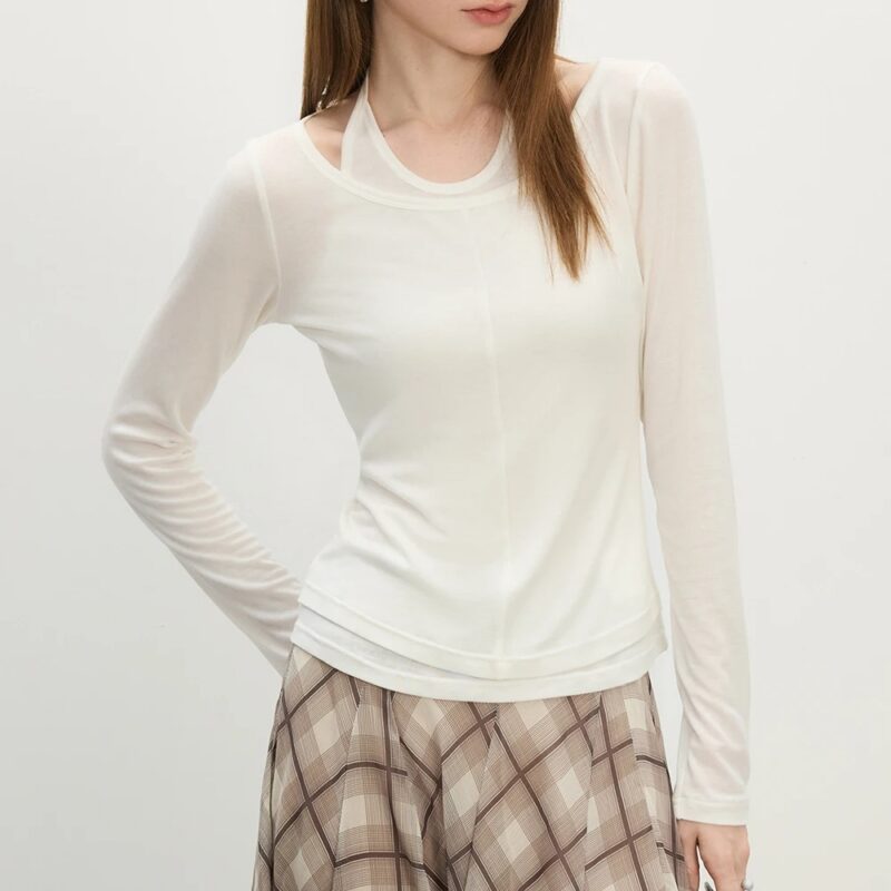 Chic Halter Neck Slim Fit Long Sleeve Tee for Women