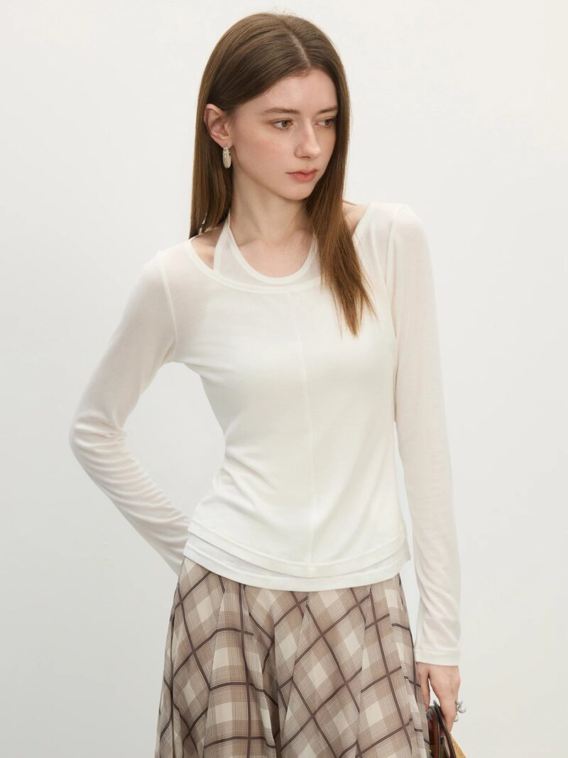 Chic Halter Neck Slim Fit Long Sleeve Tee for Women - Image 4