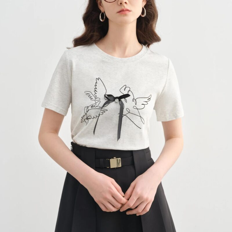 Plus Size Women's 3D Bow Bird Print T-Shirt – Summer Casual Short Sleeve