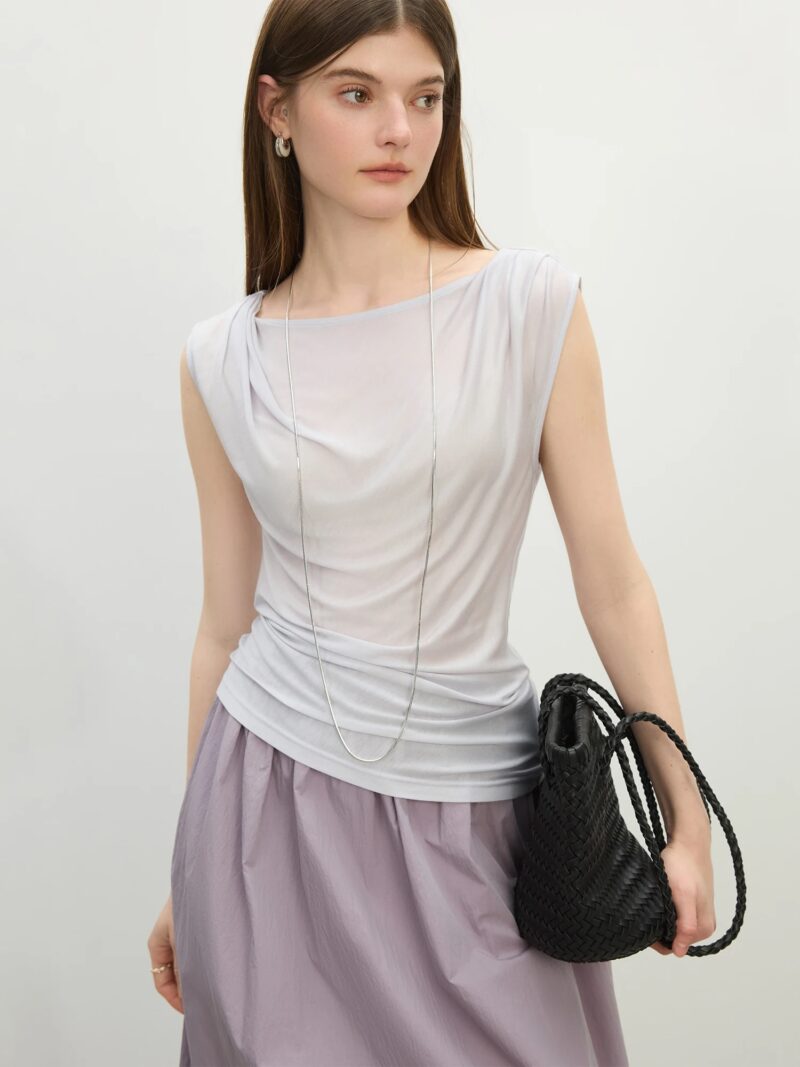 Minimalist Lyocell Sleeveless Swing Collar Top - Image 3
