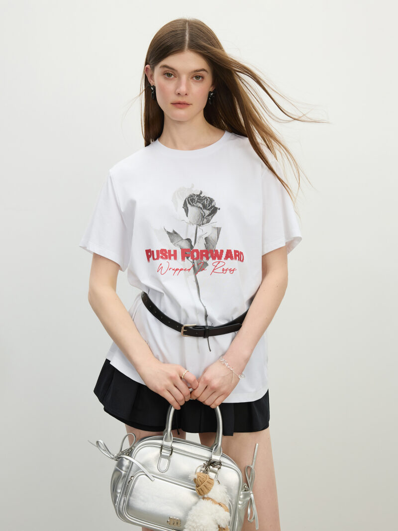 Women's Rose Print Tencel Cooling Loose-Fit Short Sleeve Summer Tee - Image 2