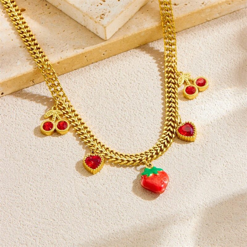 Red Rhinestone Cherry Heart Strawberry Pendant Necklace for Women