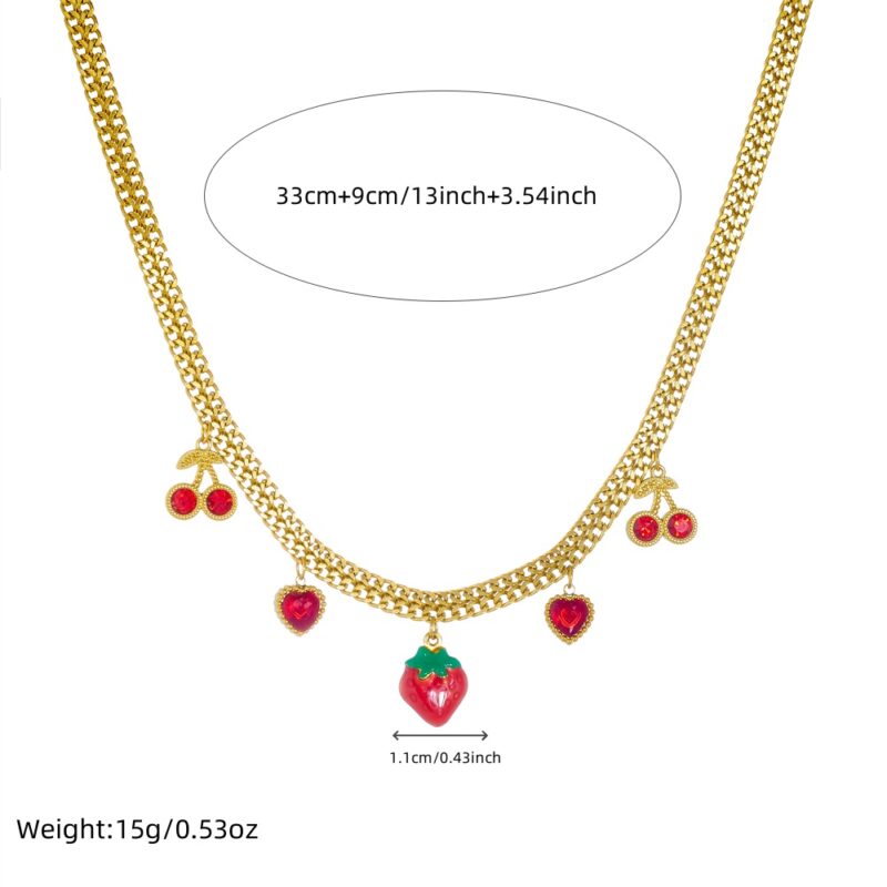 Red Rhinestone Cherry Heart Strawberry Pendant Necklace for Women - Image 6
