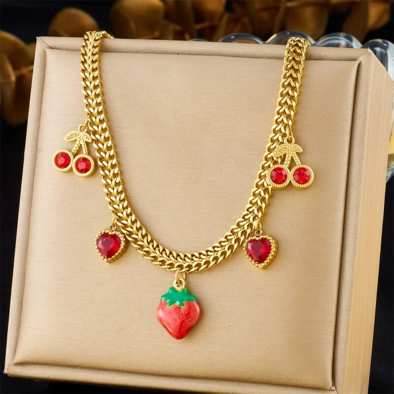 Red Rhinestone Cherry Heart Strawberry Pendant Necklace for Women - Image 5