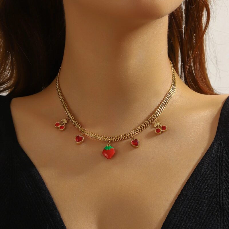 Red Rhinestone Cherry Heart Strawberry Pendant Necklace for Women - Image 2