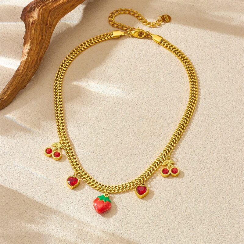 Red Rhinestone Cherry Heart Strawberry Pendant Necklace for Women - Image 3