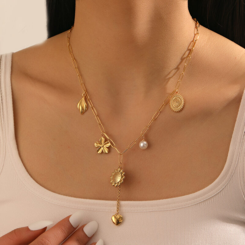 Golden Sunflower Pearl Heart Pendant Necklace - Image 2