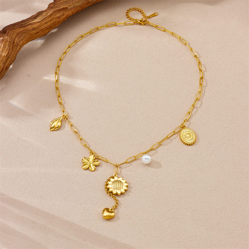 Golden Sunflower Pearl Heart Pendant Necklace - Image 5